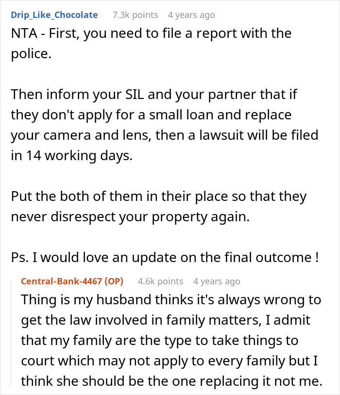 Reddit post advising a woman to sue her irresponsible sister-in-law for property damage.