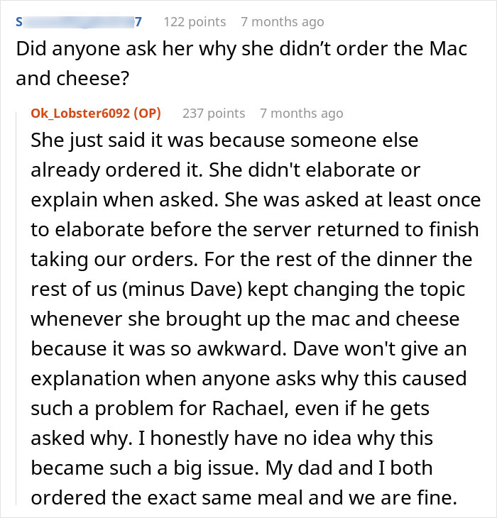 Text discussion about why mac and cheese wasn't ordered