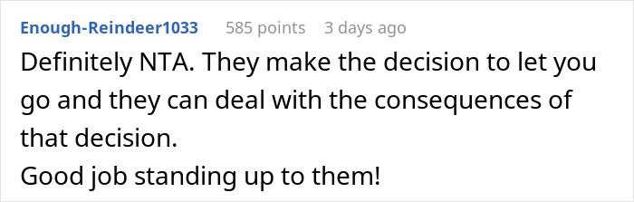 A Reddit comment supporting a developer called a "budget burden," advising them to let the company deal with the broken system consequences.