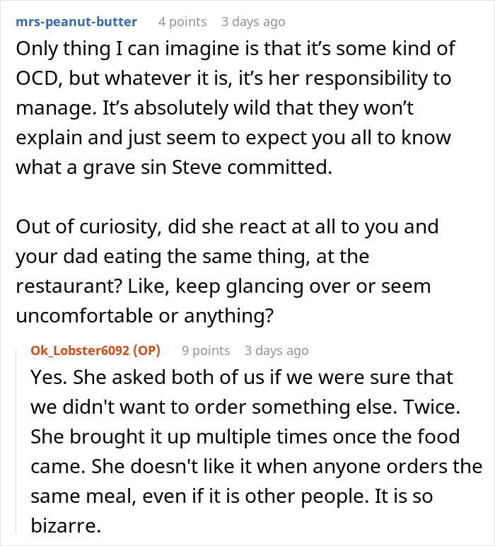 Comments speculating Rachael might have OCD and reacting to same meal orders