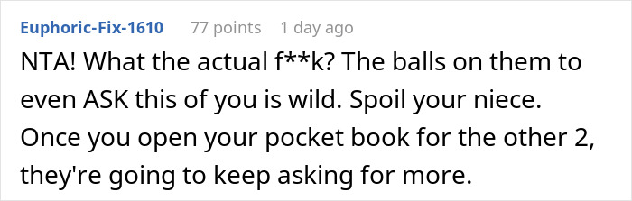 A Reddit comment from Euphoric-Fix-1610, suggesting to continue to spoil your niece and not the stepsiblings.
