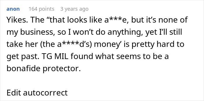 Reddit comment appreciating MIL's protector after $60K wedding