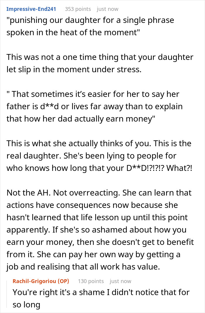 A Reddit post about a daughter ashamed of her family driver dad, leading to a discussion about her funds.