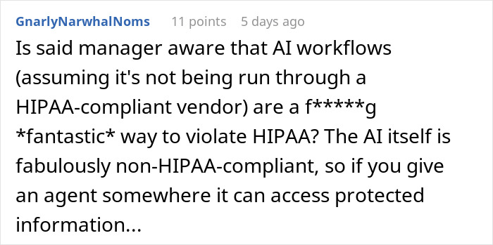 Comment warns AI workflows may violate HIPAA laws due to non-compliant AI systems