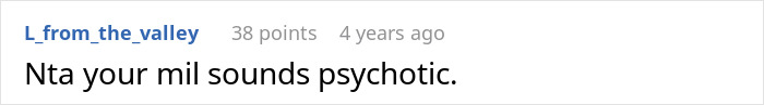 A comment reading "Nta your mil sounds psychotic," relating to an unhinged MIL disowning a grandchild over circumcision.