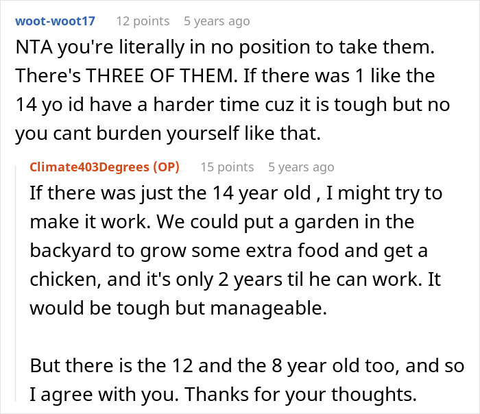 Support for 23YO saying no to burden of caring for three children while in no position to do so Support for 23YO saying no to burden of caring for three children while in no position to do so