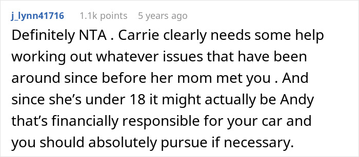 Comment supports legal action over expensive car damage by teenage stepdaughter