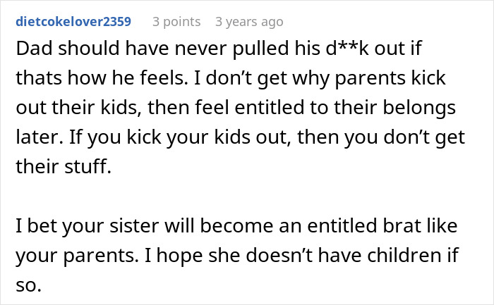 Comment criticizing dad for kicking out child and predicting sister's entitlement from toxic parents