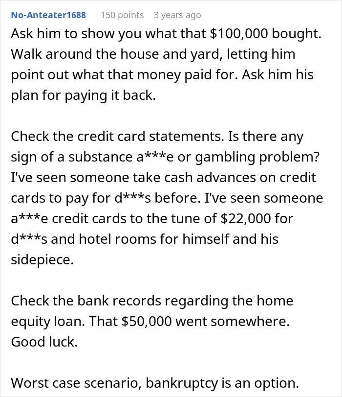 A text post on Reddit, titled No-Anteater1688, offers advice on investigating a financial nightmare, potentially involving a second family.