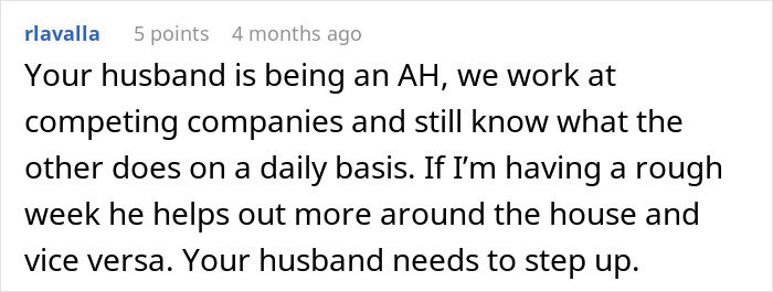 A Reddit comment stating, "Your husband needs to step up." This relates to a wife's job and a man's interest.