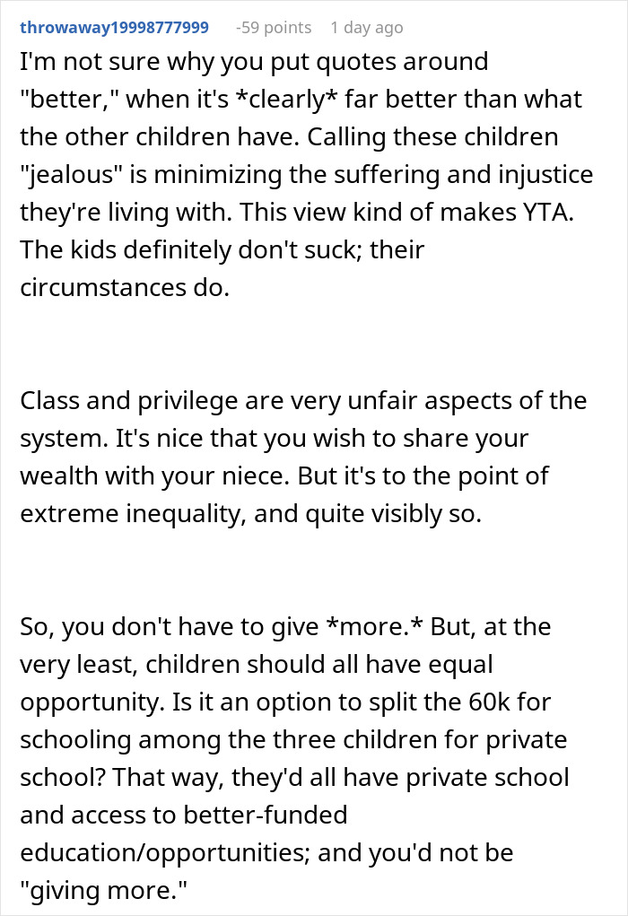 Reddit thread commentary on a wealthy woman spoiling her niece, touching on fairness for stepsiblings.