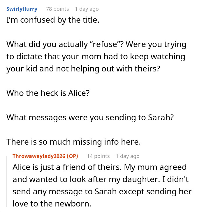 Clarification on friend Alice and childcare messages in family dispute Clarification on friend Alice and childcare messages in family dispute