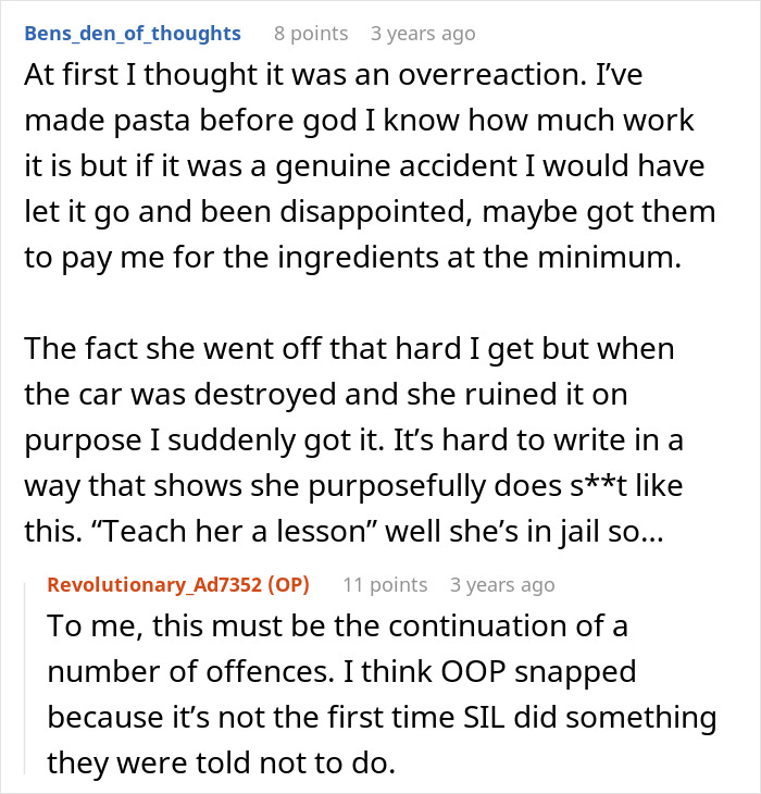 Detailed comments debating intentional pasta ruin and family feud involving sister-in-law behavior