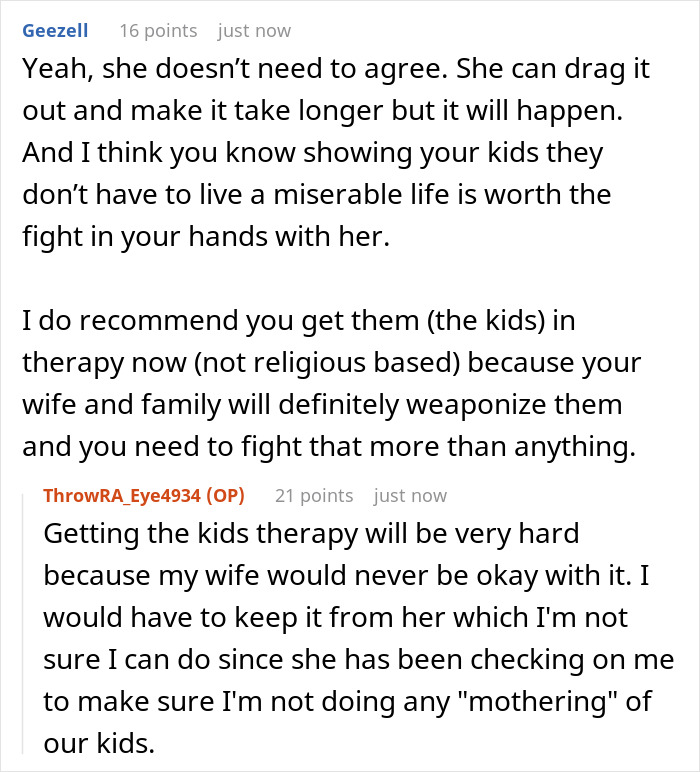 Comments discussing challenges of escaping unwanted marriage and therapy for kids in young marriage cases