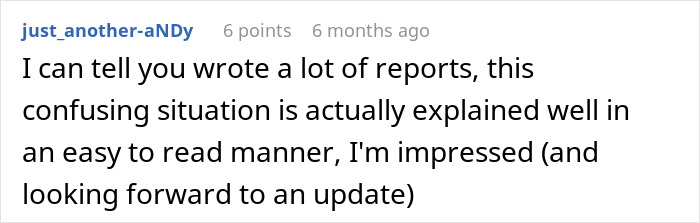 A Reddit comment applauds clear writing, possibly related to an employee fixing a company mistake.