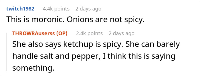 Reddit comment disputing onions as spicy food in SIL cooking debate