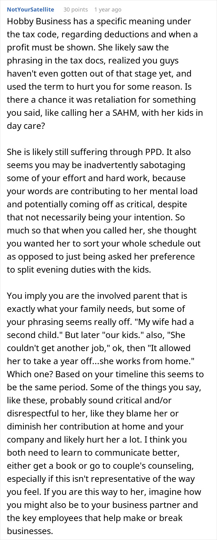 A Reddit post with text discussing a man feeling like a loser and a failure after his wife dismissed his successful business as a hobby.