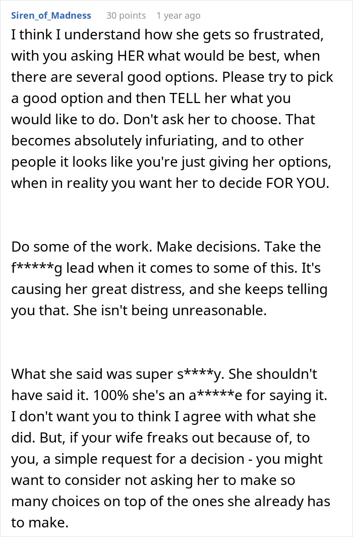 A Reddit post from Siren_Of_Madness discussing frustration in a relationship, advising on decision-making, relating to a man called a failure.