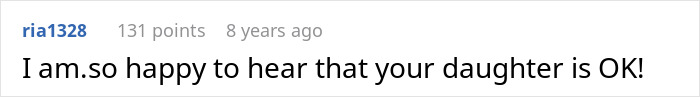 A Reddit comment from user ria1328, eight years ago, expresses relief: I am so happy to hear that your daughter is OK! after MIL allergy incident.