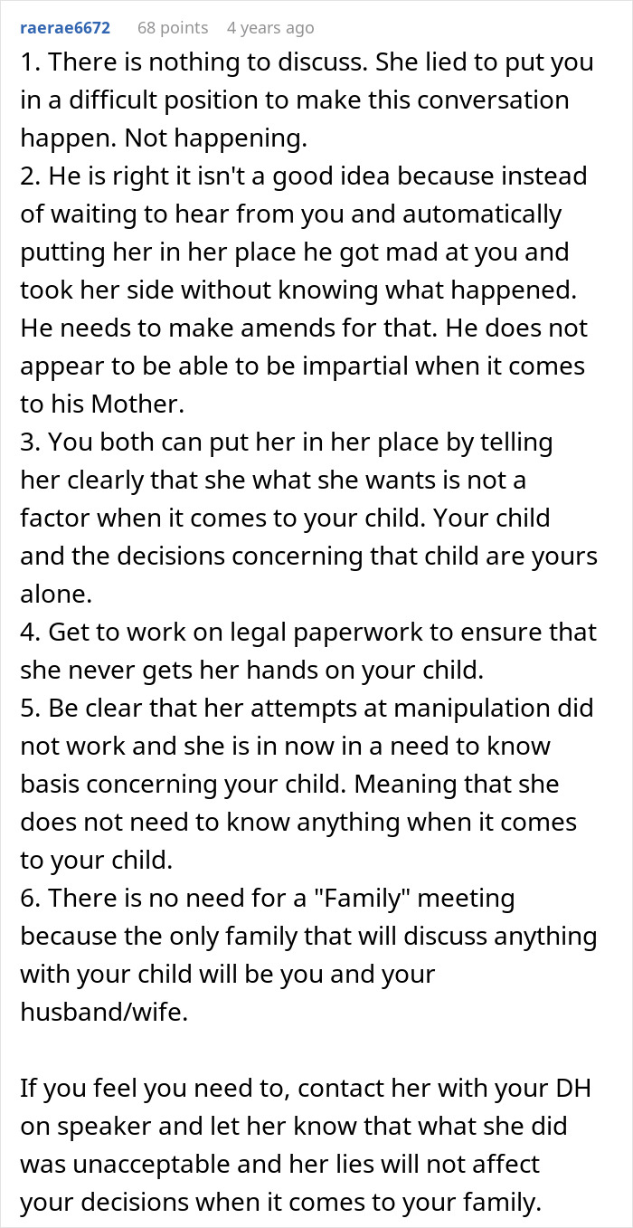 A Reddit comment thread titled "My Baby Will Burn In Hell" discusses MIL disowning grandchild and asking to adopt him.
