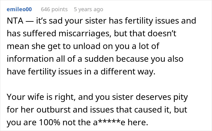 Reddit comment expressing sympathy over fertility issues and family disagreement Reddit comment expressing sympathy over fertility issues and family disagreement
