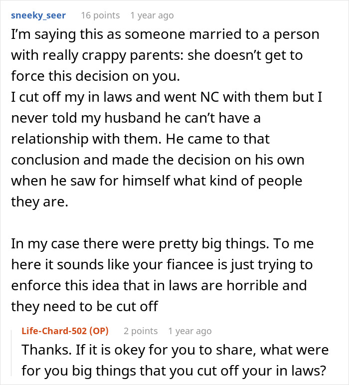 A Reddit comment advising someone facing a tricky situation with a manipulative fianc&eacute;e and parents.
