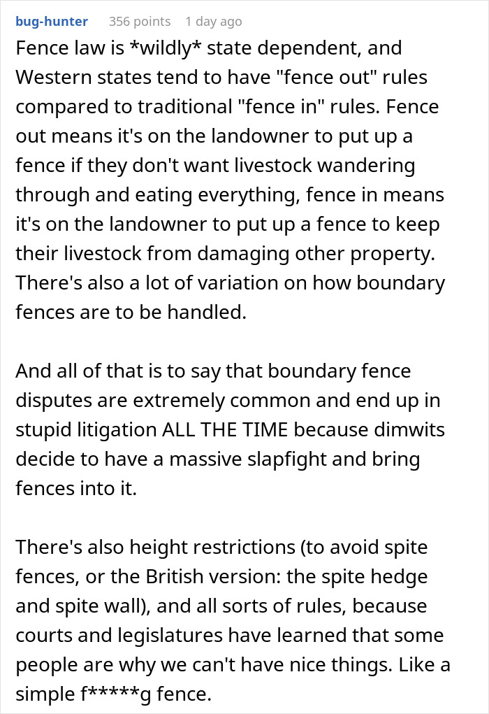 Comment explaining state-dependent fence law and common boundary fence disputes
