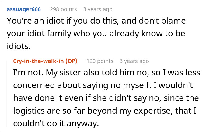 Reddit comments discussing brother wedding money food, with one user calling another an idiot and the OP replying.