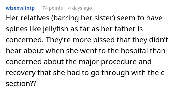 A Reddit comment about parents furious about their daughter giving birth, questioning relatives' priorities regarding her C-section.