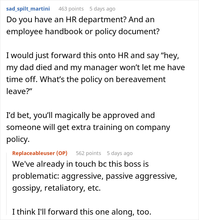 Advice to involve HR for bereavement leave when manager refuses time off