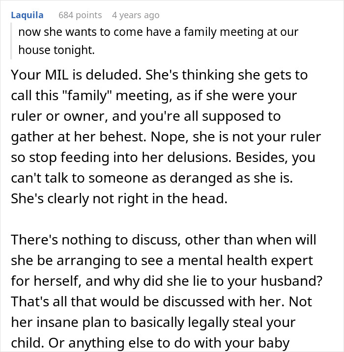 Reddit comment responding to MIL disowning grandchild. The user describes the MIL as delusional and deranged over baby circumcision.
