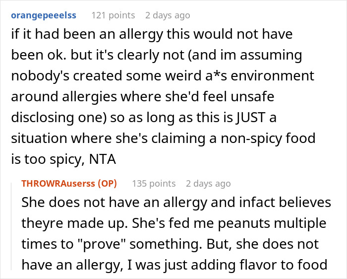 Reddit comment discussing SIL allergy claims in non-spicy onion food argument