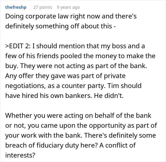 Corporate law discussion highlighting boss's financial conflicts and fiduciary duty breach Corporate law discussion highlighting boss's financial conflicts and fiduciary duty breach