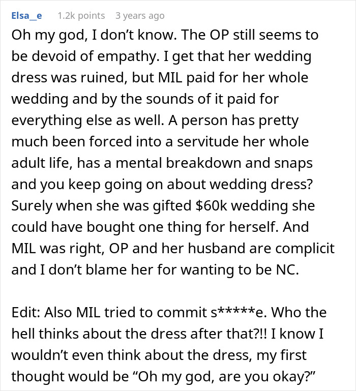Reddit comment about MIL funding $60K wedding and mental health