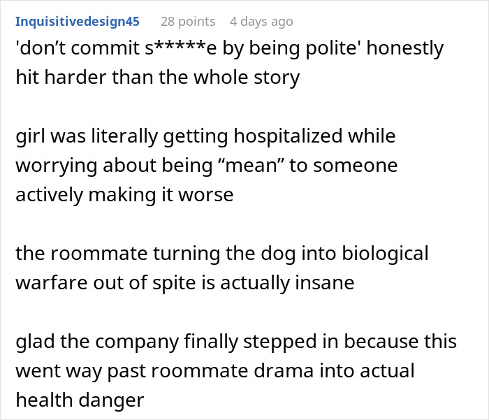 A Reddit comment discussing a woman learning to defend herself after a roommate put her life at risk, highlighting the health danger.