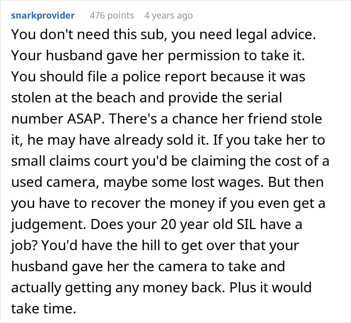 Reddit comment advising legal action for sister-in-law regarding a stolen item, highlighting a husband's poor fix.