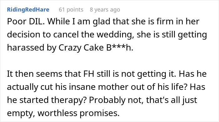 Comment on daughter-in-law canceling wedding amid cake obsession and family issues Comment on daughter-in-law canceling wedding amid cake obsession and family issues