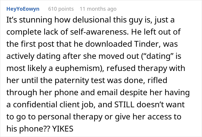 Comment criticizing husband demanding paternity test while browsing dating apps Comment criticizing husband demanding paternity test while browsing dating apps