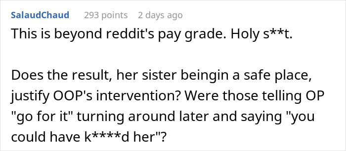 A Reddit comment discussing a woman revealing her sister's affair, questioning if it triggers breakups across the family.