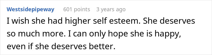 A comment from "Westsidepipeway" expressing hope for a wife's happiness and higher self-esteem, related to the husband leaving her.