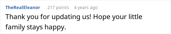 A screenshot of a Reddit comment from TheRealEleanor saying Thank you for updating us! Hope your little family stays happy, regarding grandchild circumcision.