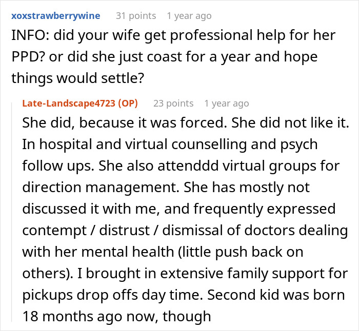 A Reddit post discussing a woman's mental health treatment and its impact on her partner, highlighting feelings of a failure.
