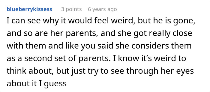 Comment understanding bride's perspective of late husband's parents as her real parents