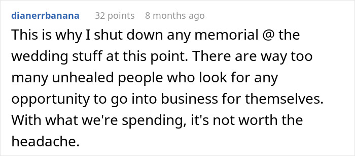 Comment on avoiding memorials at weddings due to unhealed grief