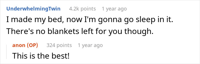 Person suffers to prove a point to stepdad with no blankets left for sleep