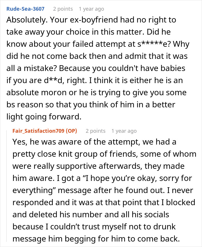 Comment on ex-boyfriend's actions and infertility issues in a 10-year relationship