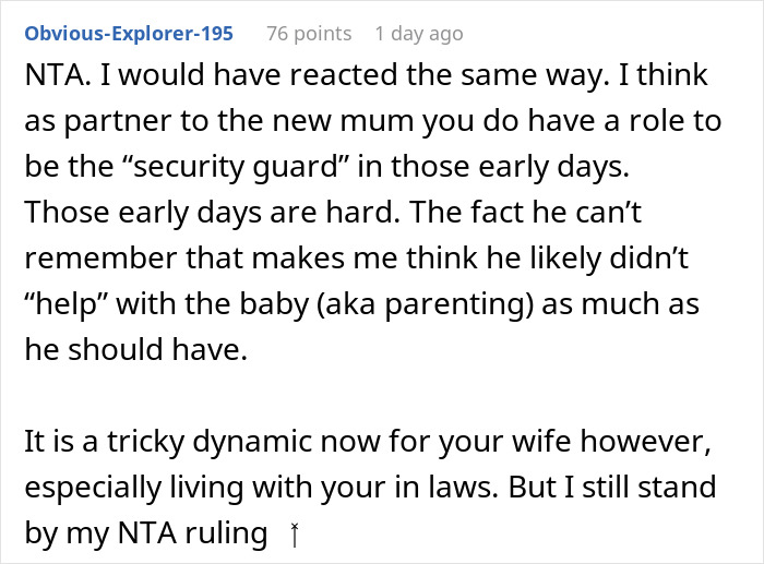 Comment supporting security guard role for partner with newborn baby Comment supporting security guard role for partner with newborn baby