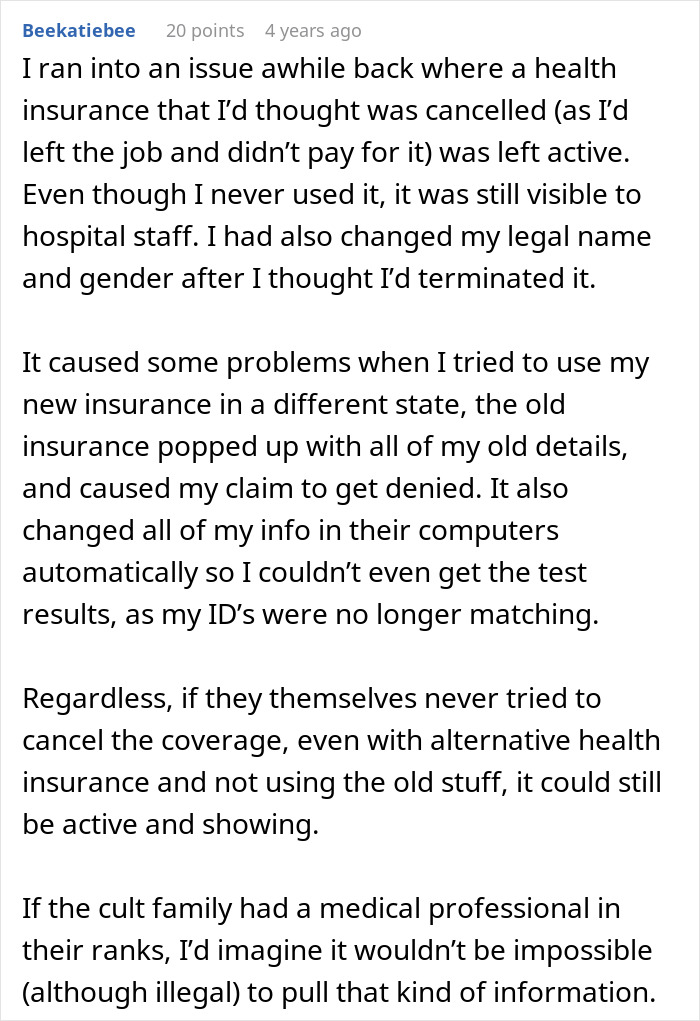 Comment on health insurance issues and possible illegal medical information tracking by cult family