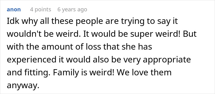 Comment acknowledging complexity and appropriateness of late husband's parents walking bride down aisle