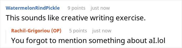 Screenshot of comments, one reads: This sounds like creative writing exercise. Another: You forgot to mention something about AI.lol. A story about a daughter ashamed of her family driver.
